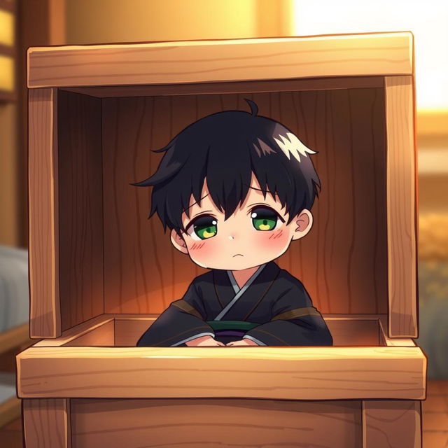 Inside a large, deep wooden box sits a small, tired boy with black hair and green eyes, dressed in a black hanfu