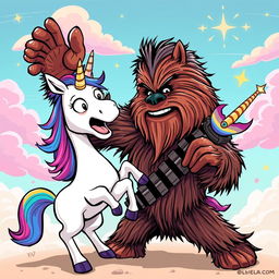 A dynamic and humorous scene featuring Chewbacca, the iconic Wookiee from Star Wars, and a colorful unicorn in a playful yet exaggerated confrontation