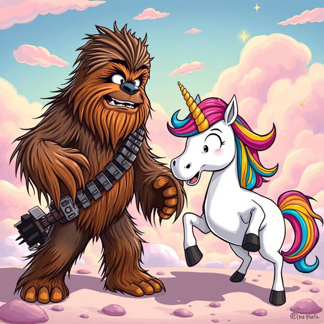 A dynamic and humorous scene featuring Chewbacca, the iconic Wookiee from Star Wars, and a colorful unicorn in a playful yet exaggerated confrontation