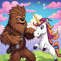 A dynamic and humorous scene featuring Chewbacca, the iconic Wookiee from Star Wars, and a colorful unicorn in a playful yet exaggerated confrontation