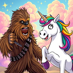 A dynamic and humorous scene featuring Chewbacca, the iconic Wookiee from Star Wars, and a colorful unicorn in a playful yet exaggerated confrontation