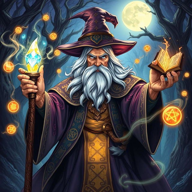 A powerful wizard casting a spell, with an intricate robe adorned with mystical symbols and glowing runes