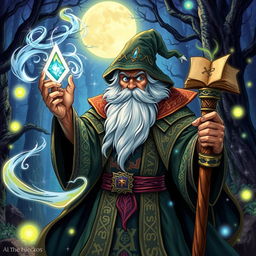 A powerful wizard casting a spell, with an intricate robe adorned with mystical symbols and glowing runes