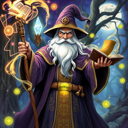 A powerful wizard casting a spell, with an intricate robe adorned with mystical symbols and glowing runes
