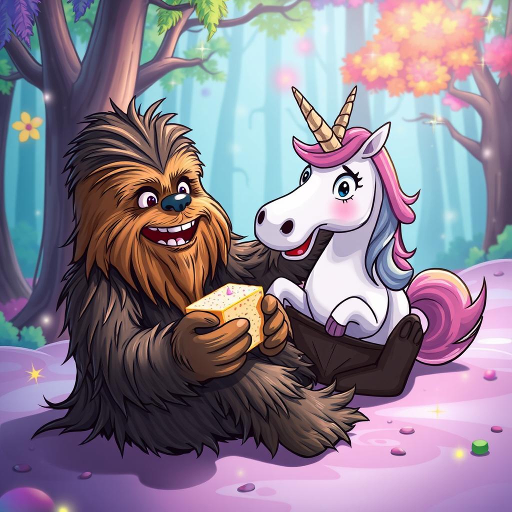 A fantastical and humorous scene featuring Chewbacca, the beloved Wookiee from Star Wars, sitting in a whimsical forest setting, enjoying a slice of unicorn in a comically exaggerated manner