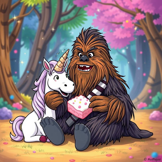 A fantastical and humorous scene featuring Chewbacca, the beloved Wookiee from Star Wars, sitting in a whimsical forest setting, enjoying a slice of unicorn in a comically exaggerated manner