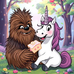 A fantastical and humorous scene featuring Chewbacca, the beloved Wookiee from Star Wars, sitting in a whimsical forest setting, enjoying a slice of unicorn in a comically exaggerated manner