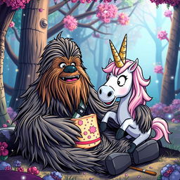 A fantastical and humorous scene featuring Chewbacca, the beloved Wookiee from Star Wars, sitting in a whimsical forest setting, enjoying a slice of unicorn in a comically exaggerated manner