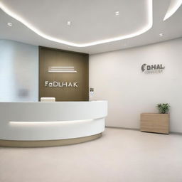 A modern dental center with sleek design and advanced technology, prominently displaying a sign with the name 'Edhak'.