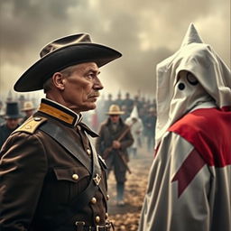 A dramatic historical scene set during the Civil War, showcasing a tense face-off between General George Armstrong Custer and a Ku Klux Klan member