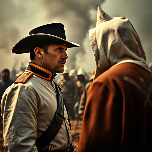 A dramatic historical scene set during the Civil War, showcasing a tense face-off between General George Armstrong Custer and a Ku Klux Klan member