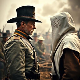 A dramatic historical scene set during the Civil War, showcasing a tense face-off between General George Armstrong Custer and a Ku Klux Klan member