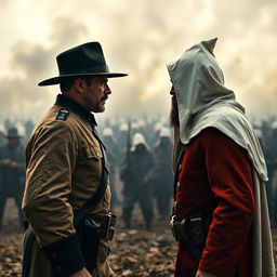 A dramatic historical scene set during the Civil War, showcasing a tense face-off between General George Armstrong Custer and a Ku Klux Klan member