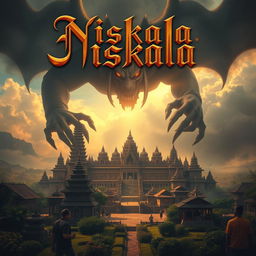 A dramatic portrayal of the Majapahit kingdom contrasted with a menacing demon looming over it