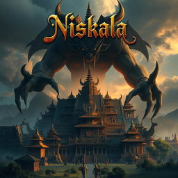 A dramatic portrayal of the Majapahit kingdom contrasted with a menacing demon looming over it