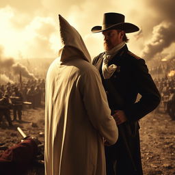 A dramatic, intense scene depicting a face-off between General George Armstrong Custer and a Ku Klux Klan member during the Civil War era