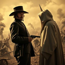 A dramatic, intense scene depicting a face-off between General George Armstrong Custer and a Ku Klux Klan member during the Civil War era
