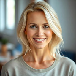 A beautiful American woman, 45 years old, with light blonde hair, dressed in simple yet chic clothing, perfect for a social media avatar