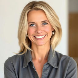 A beautiful American woman, 45 years old, with light blonde hair, dressed in simple yet chic clothing, perfect for a social media avatar
