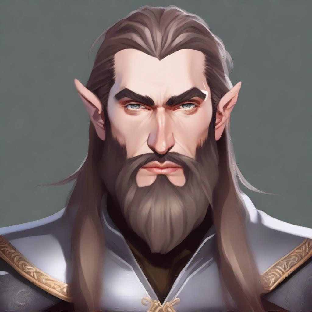 Generate an image of a half-elf paladin with a long beard and an eyebrow scar, having an expression of a smart ass.