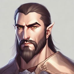 Generate an image of a half-elf paladin with a long beard and an eyebrow scar, having an expression of a smart ass.