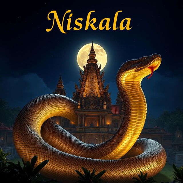 A grand scene featuring a massive, mythical snake wrapped around the Majapahit palace, illuminated by the soft glow of moonlight