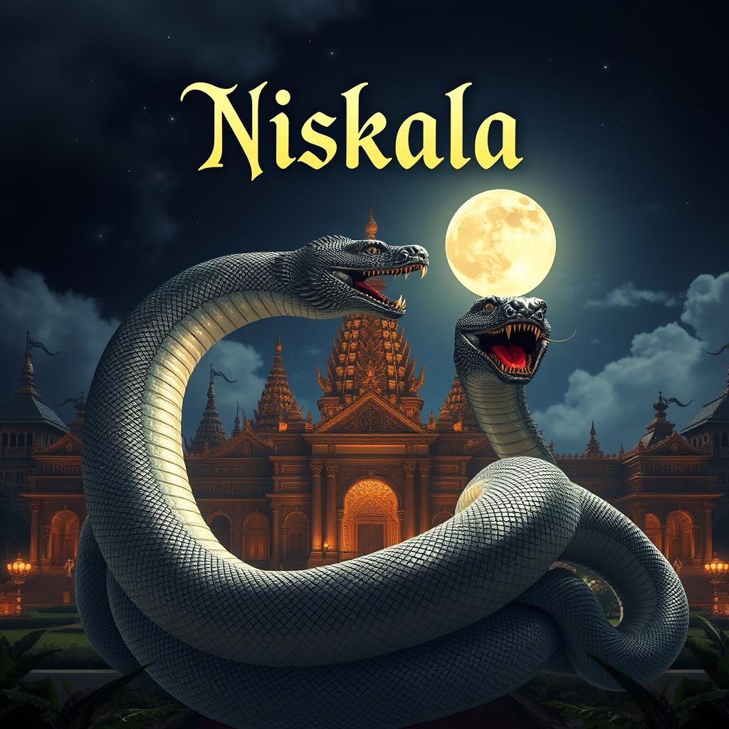 A grand scene featuring a massive, mythical snake wrapped around the Majapahit palace, illuminated by the soft glow of moonlight