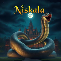 A grand scene featuring a massive, mythical snake wrapped around the Majapahit palace, illuminated by the soft glow of moonlight