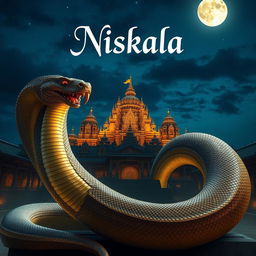 A grand scene featuring a massive, mythical snake wrapped around the Majapahit palace, illuminated by the soft glow of moonlight