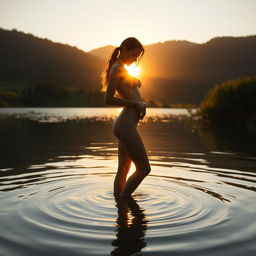 A beautiful silhouette of an elegant nude person standing gracefully in shallow water during the golden hour, surrounded by a stunning natural landscape