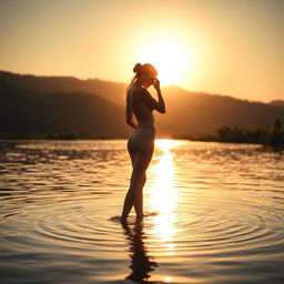 A beautiful silhouette of an elegant nude person standing gracefully in shallow water during the golden hour, surrounded by a stunning natural landscape