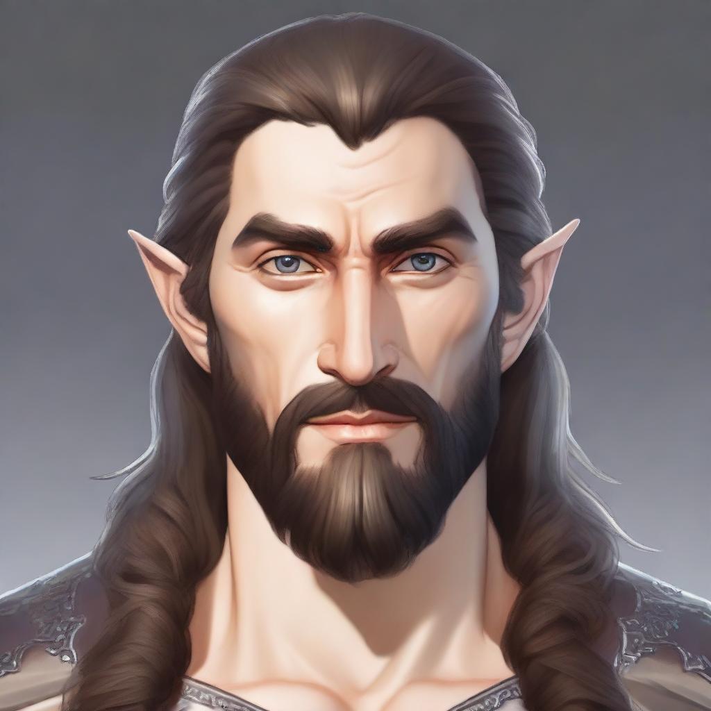 Generate an image of a half-elf paladin with a long beard and an eyebrow scar, having an expression of a smart ass.