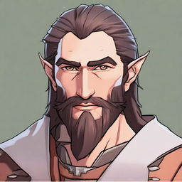 Generate an image of a half-elf paladin with a long beard and an eyebrow scar, having an expression of a smart ass.