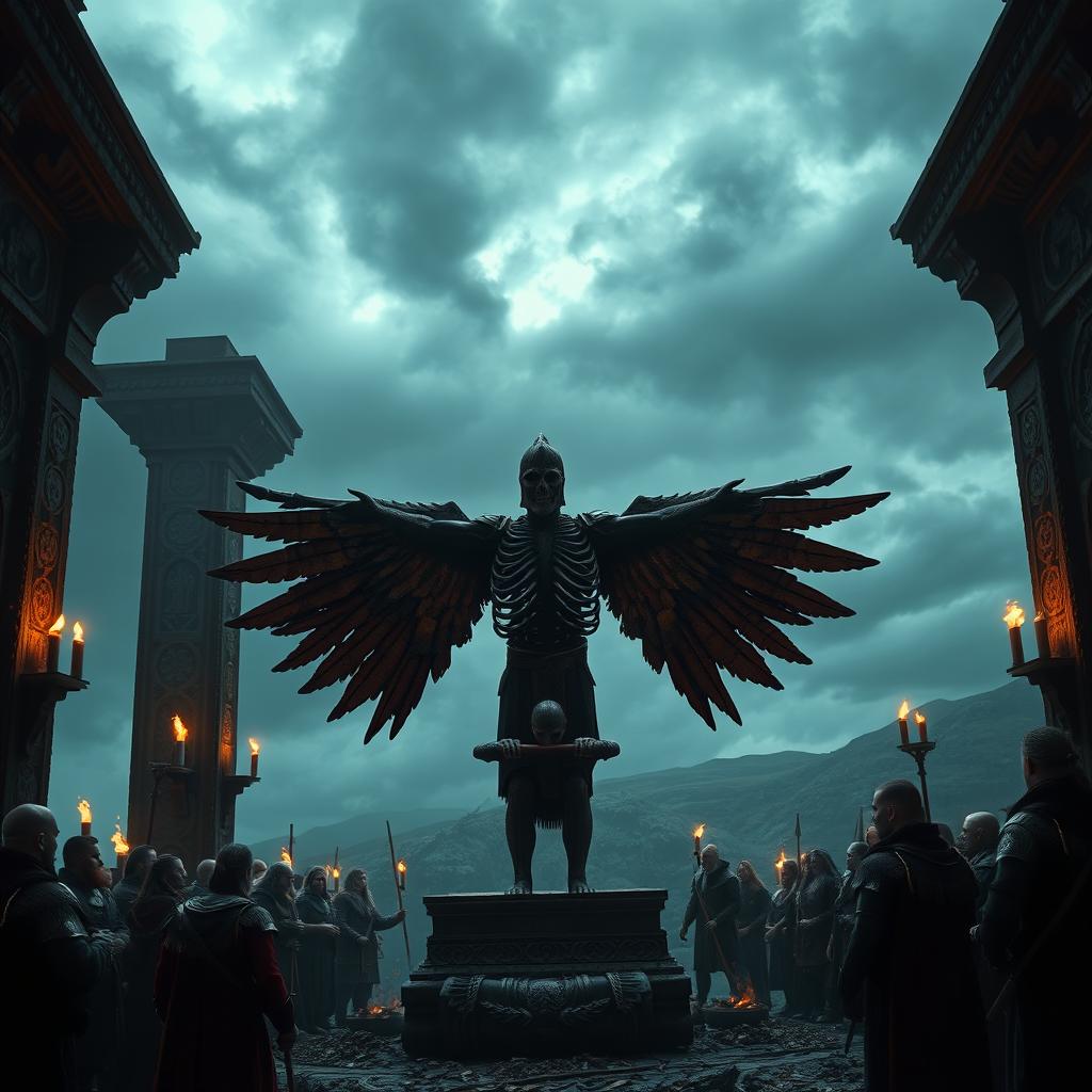 An artistic representation of the ancient Norse Blood Eagle ritual, showcasing a dramatic scene in a dark, atmospheric setting