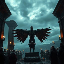 An artistic representation of the ancient Norse Blood Eagle ritual, showcasing a dramatic scene in a dark, atmospheric setting