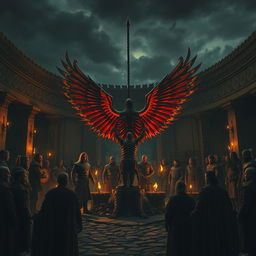 An artistic representation of the ancient Norse Blood Eagle ritual, showcasing a dramatic scene in a dark, atmospheric setting