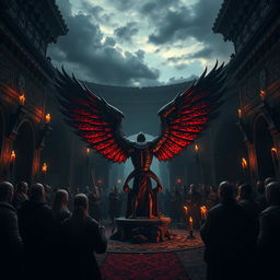 An artistic representation of the ancient Norse Blood Eagle ritual, showcasing a dramatic scene in a dark, atmospheric setting