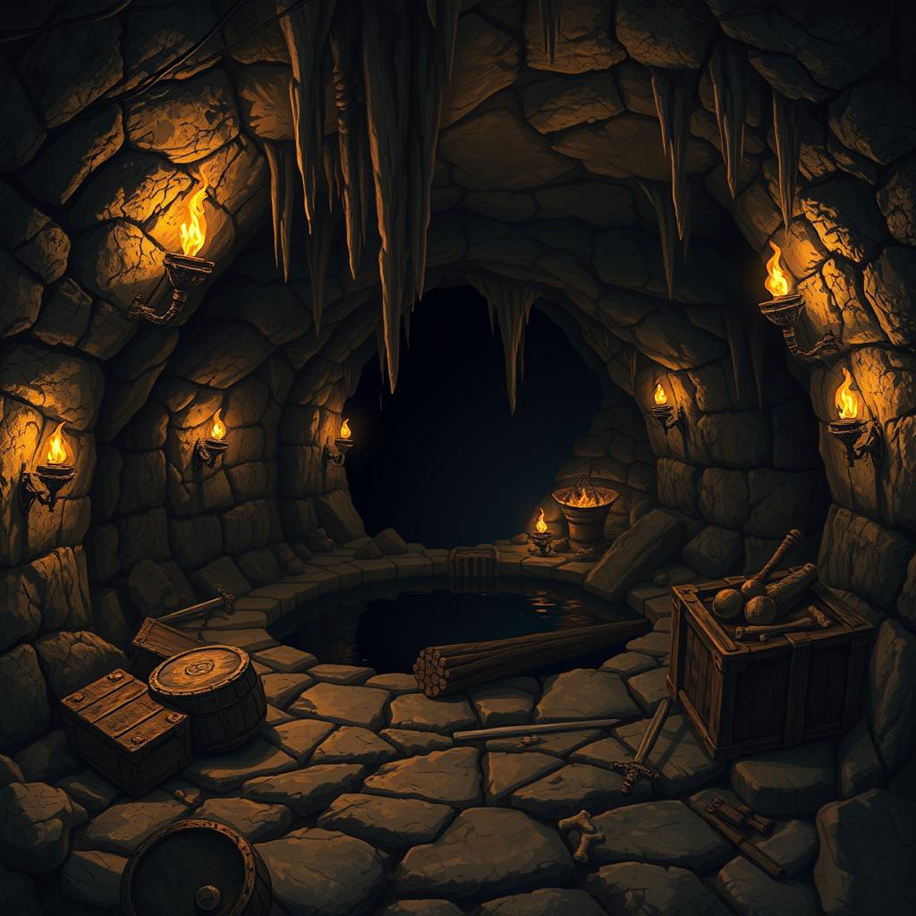 A detailed cavern inside an ancient dungeon, illuminated by flickering torches on stone walls, casting dramatic shadows