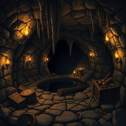 A detailed cavern inside an ancient dungeon, illuminated by flickering torches on stone walls, casting dramatic shadows