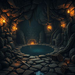A detailed cavern inside an ancient dungeon, illuminated by flickering torches on stone walls, casting dramatic shadows