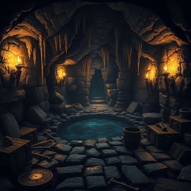 A detailed cavern inside an ancient dungeon, illuminated by flickering torches on stone walls, casting dramatic shadows