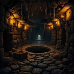 A detailed cavern inside an ancient dungeon, illuminated by flickering torches on stone walls, casting dramatic shadows