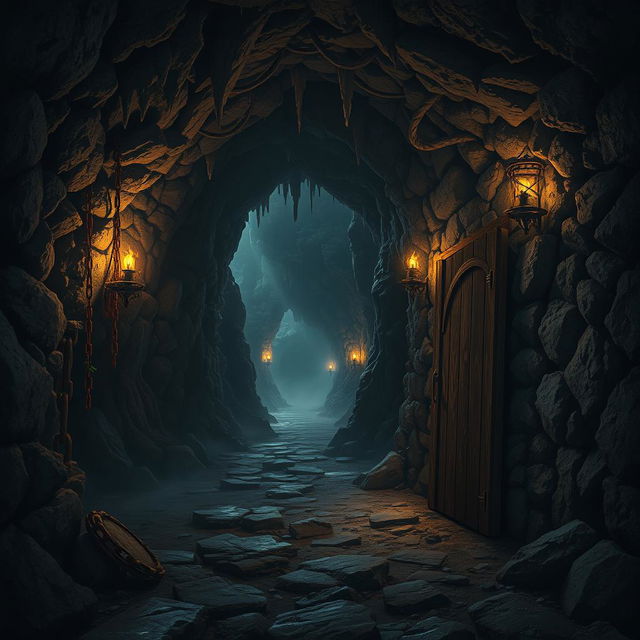 A dark and mysterious dungeon cavern, featuring rugged stone walls illuminated by flickering torchlight