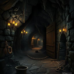 A dark and mysterious dungeon cavern, featuring rugged stone walls illuminated by flickering torchlight