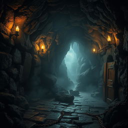 A dark and mysterious dungeon cavern, featuring rugged stone walls illuminated by flickering torchlight