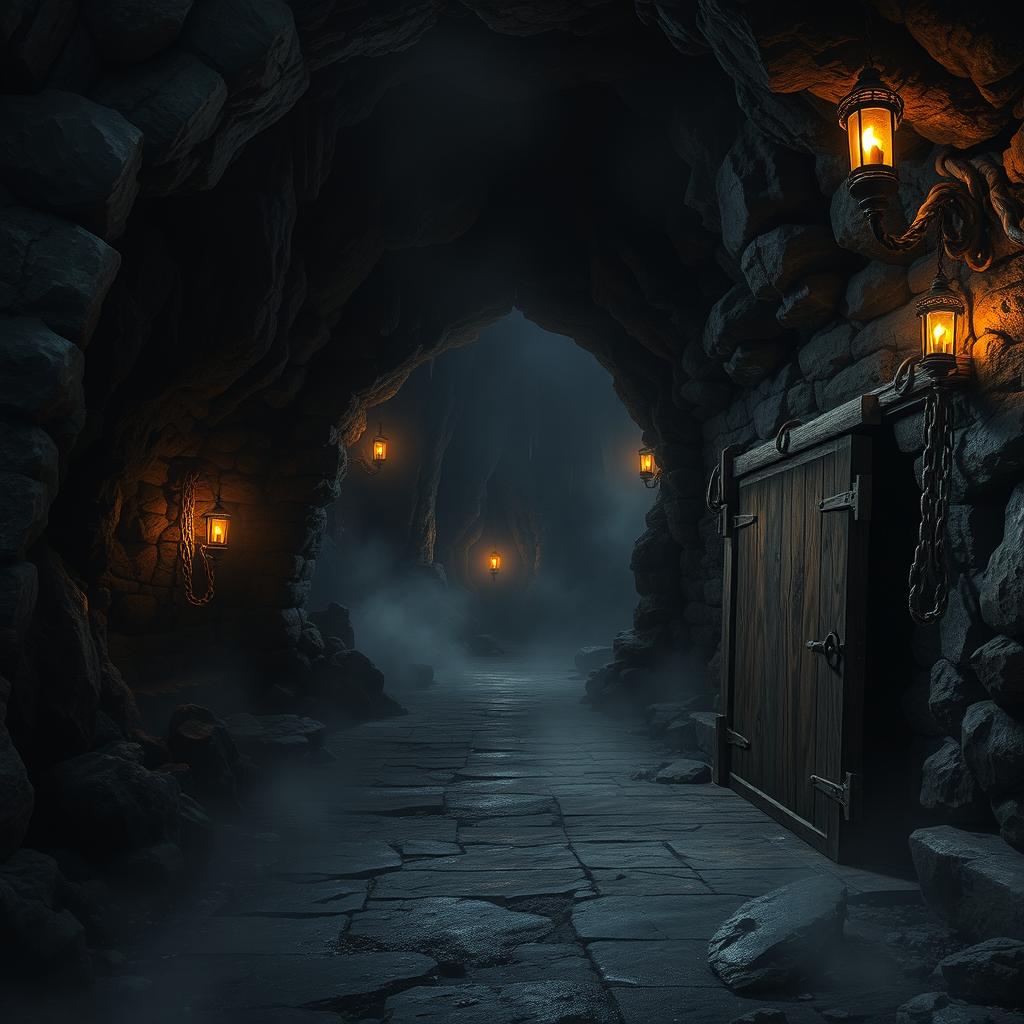 A dark and mysterious dungeon cavern, featuring rugged stone walls illuminated by flickering torchlight