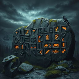 A detailed representation of ancient Norse runes intricately carved into weathered stone, surrounded by a dramatic Norse landscape