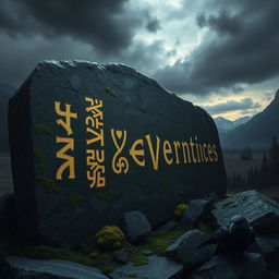 A detailed representation of ancient Norse runes intricately carved into weathered stone, surrounded by a dramatic Norse landscape