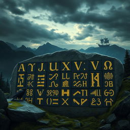 A detailed representation of ancient Norse runes intricately carved into weathered stone, surrounded by a dramatic Norse landscape