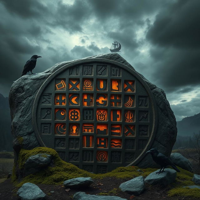 A detailed representation of ancient Norse runes intricately carved into weathered stone, surrounded by a dramatic Norse landscape